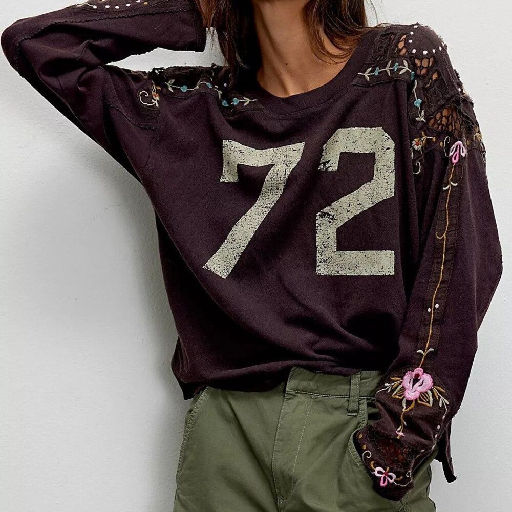 Free People We The Free Lilith Tee Tunic Top Embroidered Long Sleeve S 290993